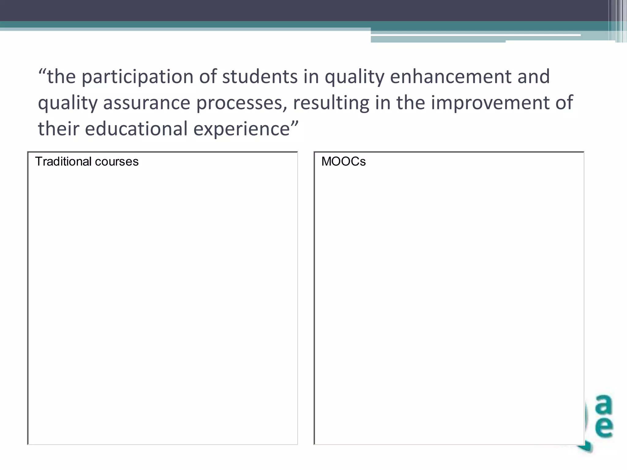 “the participation of students in quality enhancement and
quality assurance processes, resulting in the improvement of
their educational experience”
Traditional courses

MOOCs

 