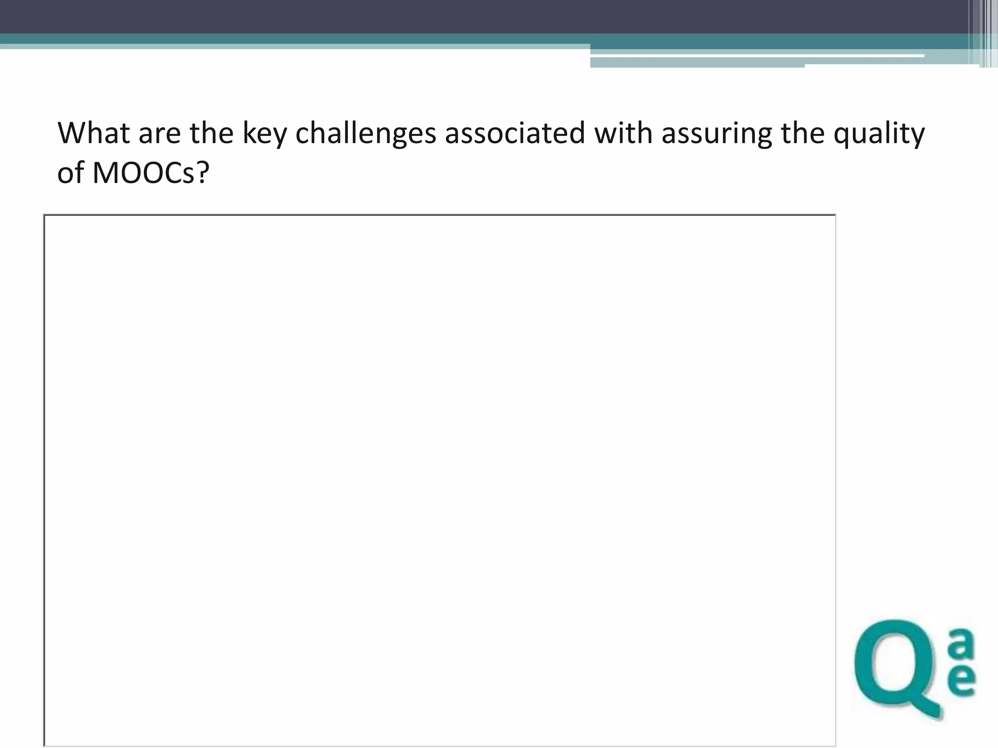 What are the key challenges associated with assuring the quality
of MOOCs?

 