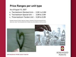 Price Ranges per unit type
As of August 15, 2007
a. Two-bedroom Standard Unit – 2.2M to 2.6M
b. Two-bedroom Special Unit – 3.0M to 3.5M
c. Three-bedroom Tandem Unit - 5.2M to 6.2M
*Developer reserves the right to apply any changes, corrections on the price and payment terms
without prior notice. Price and payment terms indicated may not be reflective in the final contract.
 