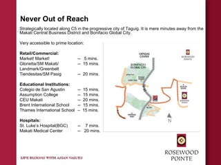 Never Out of Reach
Strategically located along C5 in the progressive city of Taguig. It is mere minutes away from the
Makati Central Business District and Bonifacio Global City.
Very accessible to prime location:
Retail/Commercial:
Market! Market! -- 5 mins.
Glorietta/SM Makati/ -- 15 mins.
Landmark/Greenbelt
Tiendesitas/SM Pasig -- 20 mins.
Educational Institutions:
Colegio de San Agustin -- 15 mins.
Assumption College -- 15 mins.
CEU Makati -- 20 mins.
Brent International School -- 15 mins.
Thames International School – 15 mins.
Hospitals:
St. Luke’s Hospital(BGC) -- 7 mins.
Makati Medical Center -- 20 mins.
 