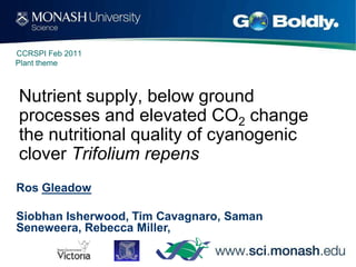 CCRSPI Feb 2011
Plant theme



Nutrient supply, below ground
processes and elevated CO2 change
the nutritional quality of cyanogenic
clover Trifolium repens
Ros Gleadow

Siobhan Isherwood, Tim Cavagnaro, Saman
Seneweera, Rebecca Miller,
 