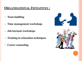ORGANISATIONAL INITIATIVES :
• Team building
• Time management workshops
• Job burnout workshops
• Training in relaxation techniques
• Career counseling
 