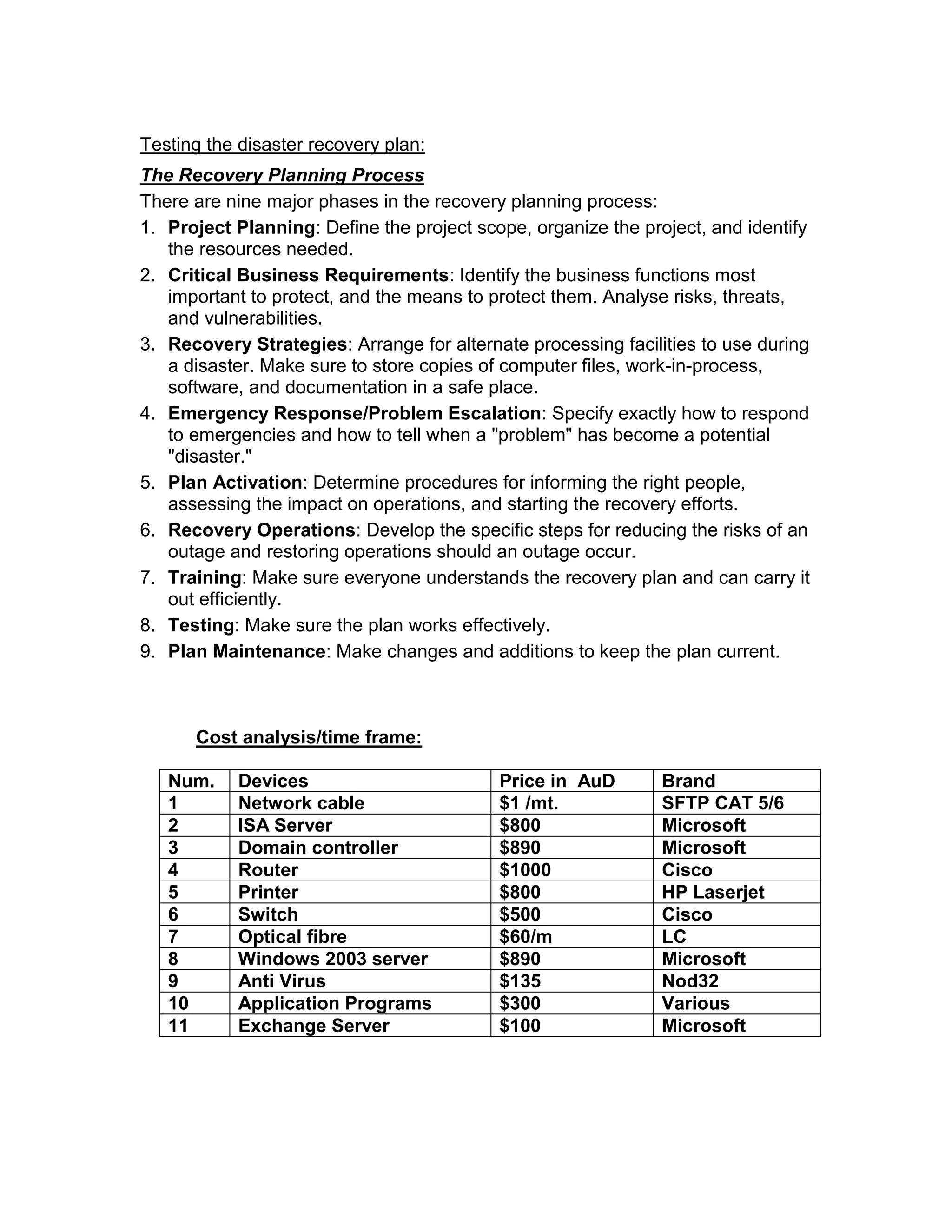 Testing the disaster recovery plan:
The Recovery Planning Process
There are nine major phases in the recovery planning process:
1. Project Planning: Define the project scope, organize the project, and identify
the resources needed.
2. Critical Business Requirements: Identify the business functions most
important to protect, and the means to protect them. Analyse risks, threats,
and vulnerabilities.
3. Recovery Strategies: Arrange for alternate processing facilities to use during
a disaster. Make sure to store copies of computer files, work-in-process,
software, and documentation in a safe place.
4. Emergency Response/Problem Escalation: Specify exactly how to respond
to emergencies and how to tell when a "problem" has become a potential
"disaster."
5. Plan Activation: Determine procedures for informing the right people,
assessing the impact on operations, and starting the recovery efforts.
6. Recovery Operations: Develop the specific steps for reducing the risks of an
outage and restoring operations should an outage occur.
7. Training: Make sure everyone understands the recovery plan and can carry it
out efficiently.
8. Testing: Make sure the plan works effectively.
9. Plan Maintenance: Make changes and additions to keep the plan current.
Cost analysis/time frame:
Num. Devices Price in AuD Brand
1 Network cable $1 /mt. SFTP CAT 5/6
2 ISA Server $800 Microsoft
3 Domain controller $890 Microsoft
4 Router $1000 Cisco
5 Printer $800 HP Laserjet
6 Switch $500 Cisco
7 Optical fibre $60/m LC
8 Windows 2003 server $890 Microsoft
9 Anti Virus $135 Nod32
10 Application Programs $300 Various
11 Exchange Server $100 Microsoft
 