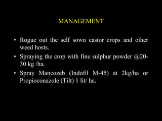 MANAGEMENT
• Rogue out the self sown castor crops and other
weed hosts.
• Spraying the crop with fine sulphur powder @20-
30 kg /ha.
• Spray Mancozeb (Indofil M-45) at 2kg/ha or
Propioconazole (Tilt) 1 lit/ ha.
 