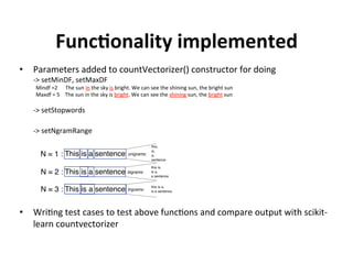 Functionality Implemented

	
•  Parameters	added	to	countVectorizer()	constructor	
	
->	setMinDF(2),	setMaxDF(5)	
	
	Mindf	=2						The	sun	in	the	sky	is	bright.	We	can	see	the	shining	sun,	the	bright	sun		
	Maxdf	=	5				The	sun	in	the	sky	is	bright.	We	can	see	the	shining	sun,	the	bright	sun		
	
	
->	setStopwords	(List([“in”,”the”]	))	
	
	The	sun	in	the	sky	is	bright.	We	can	see	the	shining	sun,	the	bright	sun		
	
	
	
	
 