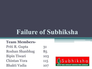 Failure of Subhiksha
Team Members-
Priti R. Gupta 31
Roshan Shanbhag 85
Bipin Tiwari 103
Chintan Vora 115
Bhakti Vadia 107
 