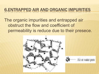 6.ENTRAPPED AIR AND ORGANIC IMPURITIES
The organic impurities and entrapped air
obstruct the flow and coefficient of
permeability is reduce due to their presece.
 