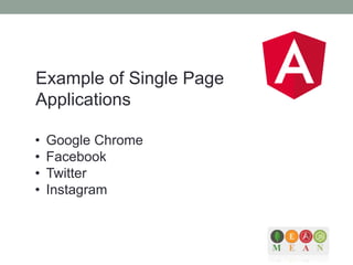 Example of Single Page
Applications
• Google Chrome
• Facebook
• Twitter
• Instagram
 