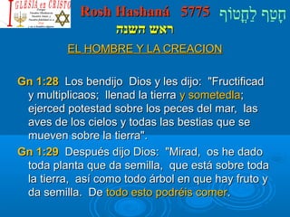 RRoosshh HHaasshhaannáá 55777755 חָטוַחף לַחחֳטוטווֹףף 
רראאשש ההששננהה 
EELL HHOOMMBBRREE YY LLAA CCRREEAACCIIOONN 
GGnn 11::2288 LLooss bbeennddiijjoo DDiiooss yy lleess ddiijjoo:: FFrruuccttiiffiiccaadd 
yy mmuullttiipplliiccaaooss;; lllleennaadd llaa ttiieerrrraa yy ssoommeetteeddllaa;; 
eejjeerrcceedd ppootteessttaadd ssoobbrree llooss ppeecceess ddeell mmaarr,, llaass 
aavveess ddee llooss cciieellooss yy ttooddaass llaass bbeessttiiaass qquuee ssee 
mmuueevveenn ssoobbrree llaa ttiieerrrraa.. 
GGnn 11::2299 DDeessppuuééss ddiijjoo DDiiooss:: MMiirraadd,, ooss hhee ddaaddoo 
ttooddaa ppllaannttaa qquuee ddaa sseemmiillllaa,, qquuee eessttáá ssoobbrree ttooddaa 
llaa ttiieerrrraa,, aassíí ccoommoo ttooddoo áárrbbooll eenn qquuee hhaayy ffrruuttoo yy 
ddaa sseemmiillllaa.. DDee ttooddoo eessttoo ppooddrrééiiss ccoommeerr.. 
 