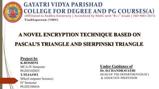 A NOVEL ENCRYPTION TECHNIQUE BASED ON
PASCAL’S TRIANGLE AND SIERPINSKI TRIANGLE
Project by
K.ROSHINI
MCA IV Semester
PG202102025
T.TEJASWI
MSc(Computer Science)
IV Semester
PG202106016
Under Guidance of
Dr. D.CHANDRAVATHI
HEAD OF THE DEPARTMENT(M.SC)
& ASSOCIATE PROFESSOR
 