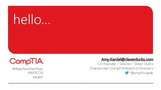 hello…
Amy.Kardel@cleverducks.com
Co-Founder / Director, Clever Ducks
Chairwoman CompTIA Board of Directors
@amychicgeek
#MakeTechHerStory
#WOTC16
#AWIT
 