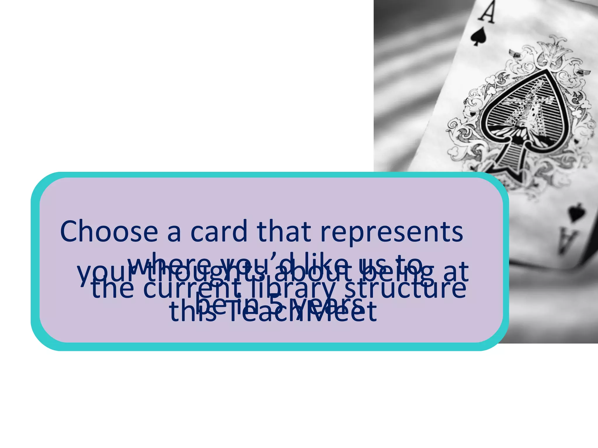 Choose a card that represents…
your attitude towards being
interactive in teaching sessions
your feelings about dealing with
difficult situations
Choose a card that represents
your thoughts about being at
this TeachMeet
the current library structure
where you’d like us to
be in 5 years
 