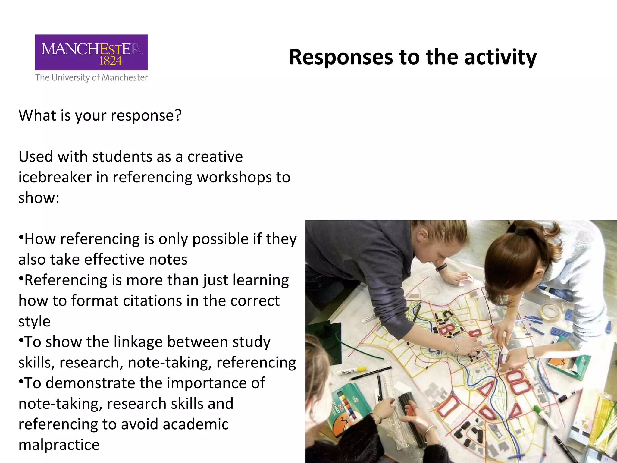 Responses to the activity
What is your response?
Used with students as a creative
icebreaker in referencing workshops to
show:
•How referencing is only possible if they
also take effective notes
•Referencing is more than just learning
how to format citations in the correct
style
•To show the linkage between study
skills, research, note-taking, referencing
•To demonstrate the importance of
note-taking, research skills and
referencing to avoid academic
malpractice
 