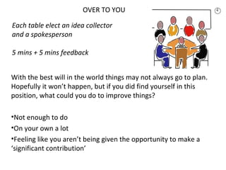 OVER TO YOU
With the best will in the world things may not always go to plan.
Hopefully it won’t happen, but if you did find yourself in this
position, what could you do to improve things?
•Not enough to do
•On your own a lot
•Feeling like you aren’t being given the opportunity to make a
‘significant contribution’
Each table elect an idea collector
and a spokesperson
5 mins + 5 mins feedback
 