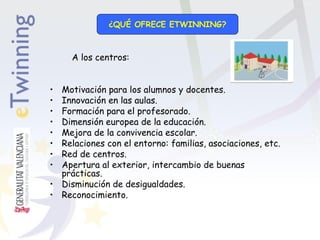¿QUÉ OFRECE ETWINNING?

A los centros:
•
•
•
•
•
•
•
•

Motivación para los alumnos y docentes.
Innovación en las aulas.
Formación para el profesorado.
Dimensión europea de la educación.
Mejora de la convivencia escolar.
Relaciones con el entorno: familias, asociaciones, etc.
Red de centros.
Apertura al exterior, intercambio de buenas
prácticas.
• Disminución de desigualdades.
• Reconocimiento.

 
