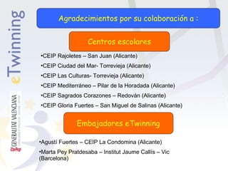 Agradecimientos por su colaboración a :
Centros escolares
•CEIP Rajoletes – San Juan (Alicante)
•CEIP Ciudad del Mar- Torrevieja (Alicante)
•CEIP Las Culturas- Torrevieja (Alicante)
•CEIP Mediterráneo – Pilar de la Horadada (Alicante)
•CEIP Sagrados Corazones – Redován (Alicante)
•CEIP Gloria Fuertes – San Miguel de Salinas (Alicante)

Embajadores eTwinning
•Agustí Fuertes – CEIP La Condomina (Alicante)
•Marta Pey Pratdesaba – Institut Jaume Callís – Vic
(Barcelona)

 