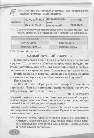Составь по таблице и запиши два предложения.
Подбери примеры на это правило.
я, ю, е, ё, и, ь показывают, мягкий.
Буквы что
а, у, э, о, ы согласный твердый.
Сравни слова украинского и русского языков. Назови раз­
личия, связанные с твёрдостью / мягкостью согласных.
долгий день довгий день
весёлый фильм веселий фільм
Прочитай рассказ.
САМЫЙ ЛУЧШИЙ РИСУНОК
Мама подметала пол, а Петя рисовал маму с веником
в руках. Потом мама выбивала ковры, мыла посуду, чи­
стила картошку. Всё это Петя тоже нарисовал и раскра­
сил цветными карандашами. Красивая получилась мама.
Пришёл папа с работы. Петя похвастался своими
рисунками и спросил, какой из них самый лучший.
Папа сказал:
— Самый лучший рисунок тот, которого ты ещё не
нарисовал. Там ты помогаешь маме убирать квартиру,
мыть посуду, чистить картошку.
По В. Хомченко
Подумай, почему папа сказал Пете, что его лучший рисунок
ещё не нарисован. Как Петя должен показать свою любовь
к маме? Как ты заботишься о своей маме?
Выпиши из рассказа слова с буквами, обозначающими непар­
ные твёрдые и мягкие согласные звуки. Сравни произношение
и написание этих слов.
Прочитай слова. Сравни их произношение и написание.
Объясни, какой согласный звук произносим перед глас­
ным и перед звонким согласным, а какой — в конце слова
и перед глухим согласным.
130
 