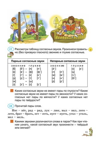 11
Рассмотри таблицу согласных звуков. Произнеси правиль­
но (без призвука гласного) звонкие и глухие согласные.
Парные согласные звуки Непарные согласные звуки
з в о н к и е г л у х и е
[б]	 [б¢]	 –	 [п]	 [п¢]
[в]	 [в¢]	 –	 [ф]	 [ф¢]
[г]	 [г¢]	 –	 [к]	 [к¢]
[д]	 [д¢]	 –	 [т]	 [т¢]
[ж]		 –	 [ш]
[з]	 [з¢]	 –	 [с]	 [с¢]
з в о н к ие
[й¢]
[л]	 [л¢]
[м]	 [м¢]
[н]	 [н¢]
[р]	 [р¢]
г л у х и е
[х]	 [х¢]
[ц]
[ч¢]
[ш¢]
	 Какие согласные звуки не имеют пары по глухости? Какие
согласные звуки не имеют пары по звонкости? У каких со-
гласных нет пары по мягкости? У каких согласных нет
пары по твёрдости?
Прочитай пары слов.
Нос – нёс, рад – ряд, лук – люк, выл – вил, лото –
лето, брат – брать, ест – есть, пуст – пусть, угол – уголь,
мел – мель.
	 Какими звуками различаются слова в парах? Как при чте-
нии узнать, какой согласный звук произнести – твёрдый
или мягкий?
17
18
 