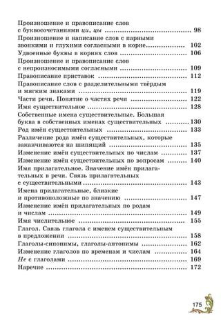 175
Произношение и правописание слов
с буквосочетаниями ци, цы ......................................... 98
Произношение и написание слов с парными
звонкими и глухими согласными в корне................... 102
Удвоенные буквы в корнях слов ................................ 106
Произношение и правописание слов
с непроизносимыми согласными ................................ 109
Правописание приставок .......................................... 112
Правописание слов с разделительными твёрдым
и мягким знаками ................................................... 119
Части речи. Понятие о частях речи ........................... 122
Имя существительное .............................................. 128
Собственные имена существительные. Большая
буква в собственных именах существительных ............ 130
Род имён существительных ...................................... 133
Различение рода имён существительных, которые
заканчиваются на шипящий ..................................... 135
Изменение имён существительных по числам ............. 137
Изменение имён существительных по вопросам .......... 140
Имя прилагательное. Значение имён прилага-
тельных в речи. Связь прилагательных
с существительными................................................. 143
Имена прилагательные, близкие
и противоположные по значению .............................. 147
Изменение имён прилагательных по родам
и числам ................................................................. 149
Имя числительное .................................................. 155
Глагол. Связь глагола с именем существительным
в предложении ........................................................ 158
Глаголы-синонимы, глаголы-антонимы ...................... 162
Изменение глаголов по временам и числам ................ 164
Не с глаголами ........................................................ 169
Наречие .................................................................. 172
 