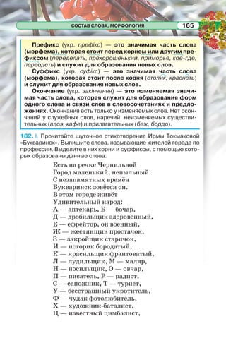 СОСТАВ СЛОВА. МОРФОЛОГИЯ 165
Префикс (укр. префікс) — это значимая часть слова
(морфема), которая стоит перед корнем или другим пре-
фиксом (переделать, прехорошенький, приморье, кое-где,
переодеть) и служит для образования новых слов.
Суффикс (укр. суфікс) — это значимая часть слова
(морфема), которая стоит после корня (столик, краснеть)
и служит для образования новых слов.
Окончание (укр. закінчення) — это изменяемая значи-
мая часть слова, которая служит для образования форм
одного слова и связи слов в словосочетаниях и предло-
жениях. Окончания есть только у изменяемых слов. Нет окон-
чаний у служебных слов, наречий, неизменяемых существи-
тельных (алоэ, кафе) и прилагательных (беж, бордо).
182. І. Прочитайте шуточное стихотворение Ирмы Токмаковой
«Букваринск». Выпишите слова, называющие жителей города по
профессии. Выделите в них корни и суффиксы, с помощью кото-
рых образованы данные слова.
Есть на речке Чернильной
Город маленький, непыльный.
С незапамятных времён
Букваринск зовётся он.
В этом городе живёт
Удивительный народ:
А — аптекарь, Б — бочар,
Д — дробильщик здоровенный,
Е — ефрейтор, он военный,
Ж — жестянщик простачок,
З — закройщик старичок,
И — историк бородатый,
К — красильщик франтоватый,
Л — лудильщик, М — маляр,
Н — носильщик, О — овчар,
П — писатель, Р — радист,
С — сапожник, Т — турист,
У — бесстрашный укротитель,
Ф — чудак фотолюбитель,
Х — художник-баталист,
Ц — известный цимбалист,
 
