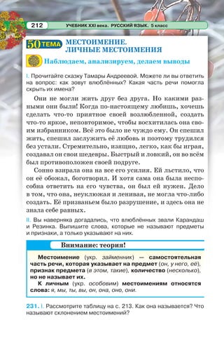 УЧЕБНИК XXI века. РУССКИЙ ЯЗЫК. 5 класс212
МЕСТОИМЕНИЕ.
ЛИЧНЫЕ МЕСТОИМЕНИЯ
Наблюдаем, анализируем, делаем выводы
I. Прочитайте сказку Тамары Андреевой. Можете ли вы ответить
на вопрос: как зовут влюблённых? Какая часть речи помогла
скрыть их имена?
Они не могли жить друг без друга. Но какими раз-
ными они были! Когда по-настоящему любишь, хочешь
сделать что-то приятное своей возлюбленной, создать
что-то яркое, неповторимое, чтобы восхитилась она сво-
им избранником. Всё это было не чуждо ему. Он спешил
жить, спешил заслужить её любовь и поэтому трудился
без устали. Стремительно, изящно, легко, как бы играя,
создавал он свои шедевры. Быстрый и ловкий, он во всём
был противоположен своей подруге.
Сонно взирала она на все его усилия. Ей льстило, что
он её обожал, боготворил. И хотя сама она была неспо-
собна ответить на его чувства, он был ей нужен. Дело
в том, что она, неуклюжая и ленивая, не могла что-либо
создать. Её призваньем было разрушение, и здесь она не
знала себе равных.
II. Вы наверняка догадались, что влюблённых звали Карандаш
и Резинка. Выпишите слова, которые не называют предметы
и признаки, а только указывают на них.
Местоимение (укр. займенник) — самостоятельная
часть речи, которая указывает на предмет (он, у него, её),
признак предмета (в этом, такие), количество (несколько),
но не называет их.
К личным (укр. особовим) местоимениям относятся
слова: я, мы, ты, вы, он, она, оно, они.
231. I. Рассмотрите таблицу на с. 213. Как она называется? Что
называют склонением местоимений?
Внимание: теория!
ТЕМАТЕМА5050
 