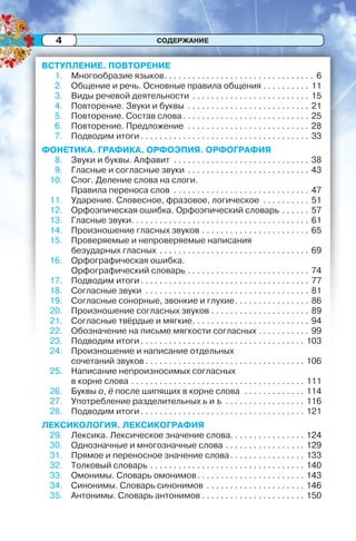 4 СОДЕРЖАНИЕ4
ВСТУПЛЕНИЕ. ПОВТОРЕНИЕ
1. Многообразие языков. . . . . . . . . . . . . . . . . . . . . . . . . . . . . . . . 6
2. Общение и речь. Основные правила общения . . . . . . . . . . 11
3. Виды речевой деятельности . . . . . . . . . . . . . . . . . . . . . . . . . 15
4. Повторение. Звуки и буквы . . . . . . . . . . . . . . . . . . . . . . . . . . 21
5. Повторение. Состав слова . . . . . . . . . . . . . . . . . . . . . . . . . . . 25
6. Повторение. Предложение . . . . . . . . . . . . . . . . . . . . . . . . . . 28
7. Подводим итоги . . . . . . . . . . . . . . . . . . . . . . . . . . . . . . . . . . . . 33
ФОНЕТИКА. ГРАФИКА. ОРФОЭПИЯ. ОРФОГРАФИЯ
8. Звуки и буквы. Алфавит . . . . . . . . . . . . . . . . . . . . . . . . . . . . . 38
9. Гласные и согласные звуки . . . . . . . . . . . . . . . . . . . . . . . . . . 43
10. Слог. Деление слова на слоги.
Правила переноса слов . . . . . . . . . . . . . . . . . . . . . . . . . . . . . 47
11. Ударение. Словесное, фразовое, логическое . . . . . . . . . . 51
12. Орфоэпическая ошибка. Орфоэпический словарь . . . . . . 57
13. Гласные звуки. . . . . . . . . . . . . . . . . . . . . . . . . . . . . . . . . . . . . . 61
14. Произношение гласных звуков . . . . . . . . . . . . . . . . . . . . . . . 65
15. Проверяемые и непроверяемые написания
безударных гласных . . . . . . . . . . . . . . . . . . . . . . . . . . . . . . . . 69
16. Орфографическая ошибка.
Орфографический словарь . . . . . . . . . . . . . . . . . . . . . . . . . . 74
17. Подводим итоги . . . . . . . . . . . . . . . . . . . . . . . . . . . . . . . . . . . . 77
18. Согласные звуки . . . . . . . . . . . . . . . . . . . . . . . . . . . . . . . . . . . 81
19. Согласные сонорные, звонкие и глухие. . . . . . . . . . . . . . . . 86
20. Произношение согласных звуков . . . . . . . . . . . . . . . . . . . . . 89
21. Согласные твёрдые и мягкие. . . . . . . . . . . . . . . . . . . . . . . . . 94
22. Обозначение на письме мягкости согласных . . . . . . . . . . . 99
23. Подводим итоги . . . . . . . . . . . . . . . . . . . . . . . . . . . . . . . . . . . 103
24. Произношение и написание отдельных
сочетаний звуков . . . . . . . . . . . . . . . . . . . . . . . . . . . . . . . . . . 106
25. Написание непроизносимых согласных
в корне слова . . . . . . . . . . . . . . . . . . . . . . . . . . . . . . . . . . . . . 111
26. Буквы о, ё после шипящих в корне слова . . . . . . . . . . . . . 114
27. Употребление разделительных ь и ъ . . . . . . . . . . . . . . . . . 116
28. Подводим итоги . . . . . . . . . . . . . . . . . . . . . . . . . . . . . . . . . . . 121
ЛЕКСИКОЛОГИЯ. ЛЕКСИКОГРАФИЯ
29. Лексика. Лексическое значение слова. . . . . . . . . . . . . . . . 124
30. Однозначные и многозначные слова . . . . . . . . . . . . . . . . . 129
31. Прямое и переносное значение слова. . . . . . . . . . . . . . . . 133
32. Толковый словарь . . . . . . . . . . . . . . . . . . . . . . . . . . . . . . . . . 140
33. Омонимы. Словарь омонимов. . . . . . . . . . . . . . . . . . . . . . . 143
34. Синонимы. Словарь синонимов . . . . . . . . . . . . . . . . . . . . . 146
35. Антонимы. Словарь антонимов . . . . . . . . . . . . . . . . . . . . . . 150
 