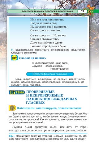 ФОНЕТИКА. ГРАФИКА. ОРФОЭПИЯ. ОРФОГРАФИЯ 69
Или же горькая зависть
Разум затмила его,
И, на успех твой позарясь,
Он не простит ничего.
Он не простит... Но иначе
Скажет об этом тебе.
Друг познаётся в удаче
Больше порой, чем в беде.
II. Выразительно прочитайте стихотворение родителям.
Обсудите его с ними.
Узелок на память
В крепкой дружбе наша сила,
Дружбе — слава и хвала.
(Роберт Бёрнс)
Орфографическая разминка
Бедà, в-трåтьих, во-вторûх, во-пåрвых, извåстность,
лицåй, обыкновåнный, одноклàссник, приключåния, ре-
зультàт, речь, чóвства.
ПРОВЕРЯЕМЫЕ
И НЕПРОВЕРЯЕМЫЕ
НАПИСАНИЯ БЕЗУДАРНЫХ
ГЛАСНЫХ
Наблюдаем, анализируем, делаем выводы
Запишите словосочетания, вставляя пропущенные буквы. Что
вы будете делать для того, чтобы узнать, какую букву нужно пи-
сать на месте пропуска? Как вы думаете, это проверяемые или
непроверяемые написания?
Рыжая л..са; дремучие л..са; пос..деть от горя;
пос..детьнакрыльце;отв..ритьдверь;отв..ритькартофель.
63. I. Прочитайте текст из рубрики «Возьми на заметку» (с. 70).
Есть ли в тексте новая для вас информация? Если да, то какая?
ТЕМАТЕМА1515
 