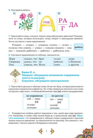 11
6. Разгадайте ребусы.
1. 2. 3.
7. Прочитайте слова, спишите. Какие слова обозначают действия? Подчерк­
ните те слова, которые используют, когда говорят о прошедшем времени.
Устно составьте с ними предложения.
Угадать — угадал — угадала; гулять — гулял —
гуляла; что; узнать — узнал — узнала; сказать — ска-
зал — сказала; работать — работал — работала; кто.
8. Составьте предложения по таблице, запишите их.	
Боря
Гаврюша
Оля
сказал, что
думал, что
узнала, что
брат
он
Коля
гулял
работал
ушёл
дома
с Пушком
с другом
5
Буква О, о.
Говорим: обсуждаем возможное содержание
текста по рисунку.
Слушаем, обсуждаем прослушанное
1. Прочитайте данные в таблице слова. В них нет букв, которые различаются
в русском и украинском алфавитах. Но чтобы правильно прочитать эти слова
по-русски, надо знать, что буква о обозначает звук [о] только под ударением.
по-украински по-русски
той — тому
[о]
голова
холодно
тот — тому
[а]
голова
холодно
yy В квадратных скобках даётся подсказка о том, какой звук надо произне-
сти. Например, в слове тому пишем букву о, а произносим звук [а]. Обра-
тите внимание, что приведённые в таблице слова в украинском и русском
языках пишутся одинаково, но произносятся по-разному. Это связано с «по-
ведением» гласных звуков в безударных позициях.
работа
 