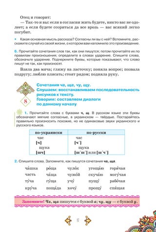 17
Отец и говорит:
— Так-то и вы: если в согласии жить будете, никто вас не одо-
леет; а если будете ссориться да все врозь — вас всякий легко
погубит.
yy Какая основная мысль рассказа? Согласны ли вы с ней? Вспомните, рас-
скажите случай из своей жизни, о котором вам напомнило это произведение.
6. Прочитайте сочетания слов так, как они пишутся; потом прочитайте их по
правилам произношения; определите в словах ударение. Спишите слова,
обозначьте ударение. Подчеркните буквы, которые показывают, что слово
пишут не так, как произносят.
Взяла два мяча; гляжу на ласточку; поняла вопрос; позвала
подругу; люблю плясать; стоят рядом; подняла руку.
8
Сочетания ча, ща, чу, щу.
Слушаем: восстанавливаем последовательность
рисунков к тексту.
Говорим: составляем диалоги
по данному началу
1. Прочитайте слова с буквами ч, щ. В  русском языке эти буквы	
обозначают мягкие согласные, в украинском — твёрдые. Постарайтесь
правильно произносить похожие, но не одинаковые звуки украинского и
русского языков.
по-украински по-русски
час
[ч]
щука
[шч]
час
[ч´]
щука
[ш´ш´] или [ш´ч´]
2. Спишите слова. Запомните, как пишутся сочетания ча, ща.
чашка роща чулок угощаю горячая
часть чаща чужой скучаю могучая
туча гуща учу пущу рабочая
круча пощада хочу прощу спящая
Запомните! Ча, ща пишутся с буквой а; чу, щу — с буквой у.
 