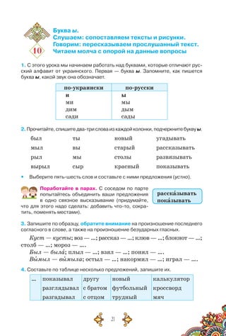 21
10
Буква ы.
Слушаем: сопоставляем тексты и рисунки.
Говорим: пересказываем прослушанный текст.
Читаем молча с опорой на данные вопросы
1. С этого урока мы начинаем работать над буквами, которые отличают рус-
ский алфавит от украинского. Первая — буква ы. Запомните, как пишется
буква ы, какой звук она обозначает.
по-украински по-русски
и
ми
дим
сади
ы
мы
дым
сады
2. Прочитайте, спишите два-три слова из каждой колонки, подчеркните букву ы.
был
мыл
рыл
вырыл
ты
вы
мы
сыр
новый
старый
столы
красный
угадывать
рассказывать
развязывать
показывать
yy Выберите пять-шесть слов и составьте с ними предложения (устно).
Поработайте в парах. С  соседом по парте
попытайтесь объединить ваши предложения
в одно связное высказывание (придумайте,
что для этого надо сделать: добавить что-то, сокра-
тить, поменять местами).
3. Запишите по образцу, обратите внимание на произношение последнего
согласного в слове, а также на произношение безударных гласных.
Куст — кусты; воз — …; рассказ — …; клюв — …; блокнот — …;
столб — …; мороз — ….
Был — была; плыл — …; взял — …; понял — ….
Вымыл — вымыла; остыл — …; накормил — …; играл — ….
4. Составьте по таблице несколько предложений, запишите их.
… показывал
разглядывал
разгадывал
другу
с братом
с отцом
новый
футбольный
трудный
калькулятор
кроссворд
мяч
рассказывать
показывать
 