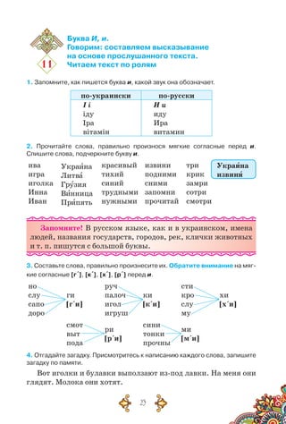 23
11
Буква И, и.
Говорим: составляем высказывание
на основе прослушанного текста.
Читаем текст по ролям
1. Запомните, как пишется буква и, какой звук она обозначает.
по-украински по-русски
І і
іду
Іра
вітамін
И и
иду
Ира
витамин
2. Прочитайте слова, правильно произнося мягкие согласные перед и.	
Спишите слова, подчеркните букву и.
ива
игра
иголка
Инна
Иван
Украина
Литва
Грузия
Винница
Припять
красивый
тихий
синий
трудными
нужными
извини
подними
сними
запомни
прочитай
три	
крик
замри
сотри
смотри
Запомните! В русском языке, как и в украинском, имена
людей, названия государств, городов, рек, клички животных
и т. п. пишутся с большой буквы.
3. Составьте слова, правильно произнесите их. Обратите внимание на мяг-
кие согласные [г´], [к´], [х´], [р´] перед и.
но
слу
сапо
доро
ги
[г´и]
руч
палоч
игол
игруш
ки
[к´и]
сти
кро
слу
му
хи
[х´и]
смот
выт
пода
ри
[р´и]
сини
тонки
прочны
ми
[м´и]
4. Отгадайте загадку. Присмотритесь к написанию каждого слова, запишите
загадку по памяти.
Вот иголки и булавки выползают из-под лавки. На меня они
глядят. Молока они хотят.
Украина
извини
 