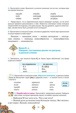 30
5. Прочитайте слова. Выясните у учителя значение тех из них, которые вам
не совсем понятны.
эрудит
поэт
поэма
эпизод
эпиграф
эпилог
экран
экранизация
эстрада
yy Представьте, что в параллельном классе проводят конкурс, но не хотят
раньше времени рассказывать о нём. Известны ключевые слова конкурса
(перечитайте их ещё раз, они даны выше). Как вы думаете, судя по этим сло-
вам, какими могут быть условия этого конкурса?
6. Прочитайте и спишите слова, поставьте ударение. Какой звук произносим
в конце первого слова пары?
Экипаж — экипажи; этаж — этажи; экскурсия — экскур-
сии; эпизод — эпизоды; эквилибристка — эквилибристки;
экономист — экономисты.
15
Буква Е, е.
Говорим: составляем диалог по рисунку
и данным словам
1. Запомните, как пишется буква Е, е. Какие звуки обозначает эта буква	
в данных словах?
по-украински по-русски
Є є
Єва
моєї
Е е [йэ]
Ева
моей
2. Прочитайте и спишите слова. Обратите внимание: в данных словах
буква е обозначает звуки [йэ] в ударном слоге — в начале слога и после
гласного.
	 ельник 		 приехал 		 ела
	 если 			 поехал 		 доела
	 едкий			 заехал 		 есть
	 ехать			 уехал 			 ешь
3. Поработайте в парах. Прочитайте, продолжите диалог. Найдите
два слова, которые одинаково звучат, но имеют разные значения.
— Бабушка! Я так хочу есть. Что у нас есть?
— Вымой руки да возьми свою большую чашку. Вот молоко,
а вот пирог. Кушай, пожалуйста!
если
есть
 