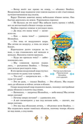 75
— Ветер несёт нас прямо на север, — объявил Знайка.
Воздушный шар поднялся уже совсем высоко и нёс счастливых
путешественников над полем.
Вдруг Пончик заметил внизу небольшое тёмное пятно. Оно
быстро двигалось по земле. Торопыжка спросил:
— Не Булька ли это наш? Мы забыли взять щенка с собой,
вот он несчастный и бежит теперь за нами.
Знайка спрятал компас и поглядел вниз.
— Да ведь это наша тень! — засме-
ялся он.
— Как — наша тень? — удивился
Незнайка.
— Это тень от воздушного шара.
Мы летим по воздуху, а тень по земле
бежит.
Коротышки долго следили за те-
нью, а она становилась всё меньше и
меньше. Наконец совсем пропала.
— Куда же пропала тень? — забес-
покоились все.
— Мы слишком высоко подня­­-
лись, — разъяснил Знайка. — Теперь
уже нельзя разглядеть тень.
В это время воздушный шар очутил-
ся в каком-то дыму или тумане.
— Что это? — закричали все. — От-
куда тут дым?
— Это не дым, — сказал Знайка. — Это облако. Мы подня-
лись до облаков и сейчас летим в облаке.
Скоро воздушный шар поднялся выше, покинул нестрой­ные
ряды облаков и полетел над ними.
— Батюшки, — закричал Незнайка, — небо внизу! Мы летим
вверх ногами!
— Почему вверх ногами? — удивились все.
— А вот посмотрите: у нас под ногами небо, — значит, мы
вверх ногами.
— Это мы над облаками летим, — объяснил всем Знайка. —
Мы поднялись выше тяжёлых облаков, поэтому теперь облака
не над нами, а под нами.
Постер мультфильма
«Приключения	
Незнайки	
и его друзей»
 