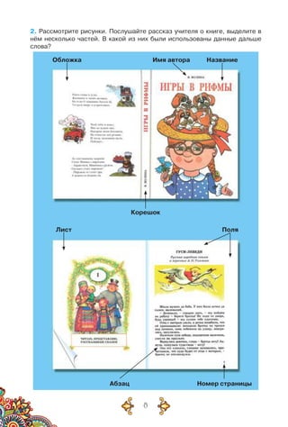 8
2. Рассмотрите рисунки. Послушайте рассказ учителя о книге, выделите в
нём несколько частей. В какой из них были использованы данные дальше
слова?
Обложка Имя автора Название
ПоляЛист
Абзац Номер страницы
Корешок
 