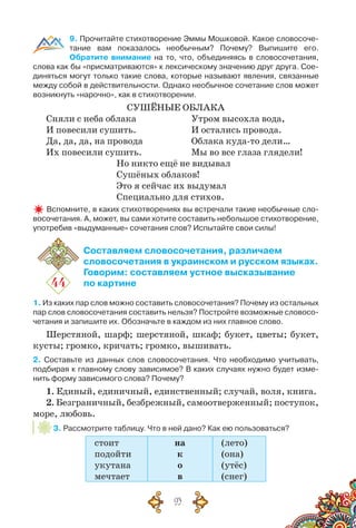 93
9. Прочитайте стихотворение Эммы Мошковой. Какое словосоче-
тание вам показалось необычным? Почему? Выпишите его.	
Обратите внимание на то, что, объединяясь в словосочетания,
слова как бы «присматриваются» к лексическому значению друг друга. Сое-
диняться могут только такие слова, которые называют явления, связанные
между собой в действительности. Однако необычное сочетание слов может
возникнуть «нарочно», как в стихотворении.
Сушёные облака
Сняли с неба облака
И повесили сушить.
Да, да, да, на провода
Их повесили сушить.
Утром высохла вода,
И остались провода.
Облака куда-то дели…
Мы во все глаза глядели!
Но никто ещё не видывал
Сушёных облаков!
Это я сейчас их выдумал
Специально для стихов.
Вспомните, в каких стихотворениях вы встречали такие необычные сло-
восочетания. А, может, вы сами хотите составить небольшое стихотворение,
употребив «выдуманные» сочетания слов? Испытайте свои силы!
44
Составляем словосочетания, различаем
словосочетания в украинском и русском языках.
Говорим: составляем устное высказывание
по картине
1. Из каких пар слов можно составить словосочетания? Почему из остальных
пар слов словосочетания составить нельзя? Постройте возможные словосо-
четания и запишите их. Обозначьте в каждом из них главное слово.
Шерстяной, шарф; шерстяной, шкаф; букет, цветы; букет,
кусты; громко, кричать; громко, вышивать.
2. Составьте из данных слов словосочетания. Что необходимо учитывать,
подбирая к главному слову зависимое? В каких случаях нужно будет изме-
нить форму зависимого слова? Почему?
1. Единый, единичный, единственный; случай, воля, книга.
2. Безграничный, безбрежный, самоотверженный; поступок,
море, любовь.
3. Рассмотрите таблицу. Что в ней дано? Как ею пользоваться?
стоит
подойти
укутана
мечтает
на
к
о
в
(лето)
(она)
(утёс)
(снег)
 