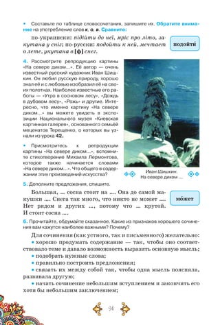 94
yy Составьте по таблице словосочетания, запишите их. Обратите внима-
ние на употребление слов к, о, в. Сравните:
по-украински: підійти до неї, мріє про літо, за-
кутана у сніг; по-русски: подойти к ней, мечтает
о лете, укутана в [ф] снег.
4. Рассмотрите репродукцию картины
«На севере диком…». Её автор — очень
известный русский художник Иван Шиш-
кин. Он любил русскую природу, хорошо
знал её и с любовью изобразил её на сво-
их полотнах. Наиболее известные его ра-
боты — «Утро в сосновом лесу», «Дождь
в дубовом лесу», «Рожь» и другие. Инте-
ресно, что именно картину «На севере
диком…» вы можете увидеть в экспо-
зиции Национального музея «Киевская
картинная галерея», основанного семьёй
меценатов Терещенко, о которых вы уз-
нали из урока 42.
yy Присмотритесь к репродукции	
картины «На севере диком…», вспомни-
те стихотворение Михаила Лермонтова,	
которое также начинается словами	
«На севере диком…». Что общего в содер-
жании этих произведений искусства?
5. Дополните предложения, спишите.
Большая, … сосна стоит на …. Она до самой ма-
кушки …. Снега так много, что никто не может ….
Нет рядом и других …, потому что … крутой.
И стоит сосна ….
6. Прочитайте, обдумайте сказанное. Какие из признаков хорошего сочине-
ния вам кажутся наиболее важными? Почему?
Для сочинения (как устного, так и письменного) желательно:
 хорошо продумать содержание — так, чтобы оно соответ-
ствовало теме и давало возможность выразить основную мысль;
 подобрать нужные слова;
 правильно построить предложения;
 связать их между собой так, чтобы одна мысль поясняла,
развивала другую;
 начать сочинение небольшим вступлением и закончить его
хотя бы небольшим заключением;
подойти
Иван Шишкин.
На севере диком …
может
 