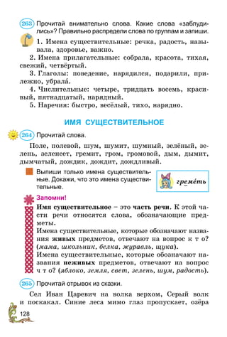 128
Прочитай внимательно слова. Какие слова «заблуди-
лись»? Правильно распредели слова по группам и запиши.
1. Имена существительные: речка, радость, назы-
вала, здоровье, важно.
2.	Имена прилагательные: собрала, красота, тихая,
свежий, четвёртый.
3.	
Глаголы: поведение, нарядился, подарили, при-
лежно, убрала.
4.	
Числительные: четыре, тридцать восемь, краси-
вый, пятнадцатый, нарядный.
5.	Наречия: быстро, весёлый, тихо, нарядно.
ИМЯ СУЩЕСТВИТЕЛЬНОЕ
Прочитай слова.
Поле, полевой, шум, шумит, шумный, зелёный, зе-
лень, зеленеет, гремит, гром, громовой, дым, дымит,
дымчатый, дождик, дождит, дождливый.
	 Выпиши только имена существитель-
ные. Докажи, что это имена существи-
тельные.
Запомни!
Имя существительное – это часть речи. К этой ча-
сти речи относятся слова, обозначающие пред-
меты.
Имена существительные, которые обозначают назва-
ния живых предметов, отвечают на вопрос к т о?
(мама, школьник, белка, журавль, щука).
Имена существительные, которые обозначают на-
звания неживых предметов, отвечают на вопрос
ч т о? (яблоко, земля, свет, зелень, шум, радость).
Прочитай отрывок из сказки.
Сел Иван Царевич на волка верхом, Серый волк
и  поскакал. Синие леса мимо глаз пропускает, озёра
263
264
греметь
265
 