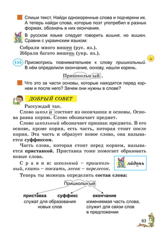 83
	 Спиши текст. Найди однокоренные слова и подчеркни их.
А теперь найди слова, которые поэт употребил в разных
формах, обозначь в них окончания.
	 В русском языке следует говорить вишня, но вишен.
Сравни с украинским языком:
Собрали много вишен (рус. яз.).
Зібрали багато вишень (укр. яз.).
Присмотрись повнимательнее к слову пришкольный.
В нём определили окончание, основу, нашли корень.
Пришкольн ый .
	 Что это за части основы, которые находятся перед кор-
нем и после него? Зачем они нужны в слове?
Рассуждай так.
Слово школ а состоит из окончания и основы. Осно-
ва равна корню. Слово обозначает предмет.
Слово школьный обозначает признак предмета. В его
основе, кроме корня, есть часть, которая стоит после
корня. Эта часть и образует новое слово, она называ-
ется суффиксом.
Часть слова, которая стоит перед корнем, называ-
ется приставкой. Приставка тоже помогает образовать
новые слова.
С р а в н и: школьный – пришколь-
ный, ехать – по­
ехать, лесок – перелесок.
Теперь ты можешь определить состав слова:
Пришкольн ый
	
	 приставка	 суффикс	 окончание
изменяемая часть слова,
служит для связи слов
в предложении
служат для образования
новых слов
155
ДОБРЫЙ СОВЕТ
ладонь
 