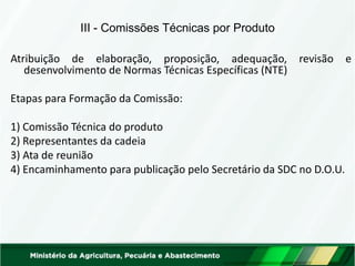 Atribuição de elaboração, proposição, adequação, revisão e desenvolvimento de Normas Técnicas Específicas (NTE) 
Etapas para Formação da Comissão: 
1) Comissão Técnica do produto 
2) Representantes da cadeia 
3) Ata de reunião 
4) Encaminhamento para publicação pelo Secretário da SDC no D.O.U. 
III - Comissões Técnicas por Produto  