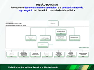 MISSÃO DO MAPA: Promover o desenvolvimento sustentável e a competitividade do agronegócio em benefício da sociedade brasileira  