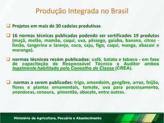 Projetos em mais de 30 cadeias produtivas 
16 normas técnicas publicadas podendo ser certificados 19 produtos (maçã, melão, mamão, caqui, uva, pêssego, goiaba, banana, citros - limão, tangerina e laranja, coco, caju, figo, caqui, manga, abacaxi e morango). 
normas técnicas recém publicadas: café, batata e tabaco - em fase de capacitação de Responsável Técnico e Auditor ambos legalmente habilitado pelo Conselho de Classe (CREA). 
 normas a serem publicadas: trigo, amendoim, gengibre, arroz, feijão, flores e plantas ornamentais, tomate, uva para processamento, anonáceas, cenoura, pimentão, abacate, entre outras. 
Produção Integrada no Brasil  