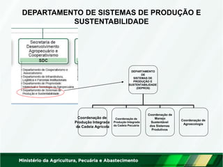 DEPARTAMENTO DE SISTEMAS DE PRODUÇÃO E SUSTENTABILIDADE 
DEPARTAMENTO 
DE 
SISTEMAS DE 
PRODUÇÃO E 
SUSTENTABILIDADE 
(DEPROS) 
Coordenação de 
Produção Integrada 
da Cadeia Agrícola 
Coordenação de 
Produção Integrada 
da Cadeia Pecuária 
Coordenação de 
Manejo 
Sustentável 
dos Sistemas 
Produtivos 
Coordenação de 
Agroecologia  