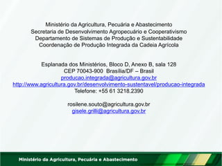 Ministério da Agricultura, Pecuária e Abastecimento 
Secretaria de Desenvolvimento Agropecuário e Cooperativismo 
Departamento de Sistemas de Produção e Sustentabilidade 
Coordenação de Produção Integrada da Cadeia Agrícola 
Esplanada dos Ministérios, Bloco D, Anexo B, sala 128 
CEP 70043-900 Brasília/DF – Brasil 
producao.integrada@agricultura.gov.br 
http://www.agricultura.gov.br/desenvolvimento-sustentavel/producao-integrada 
Telefone: +55 61 3218.2390 
rosilene.souto@agricultura.gov.br 
gisele.grilli@agricultura.gov.br 
