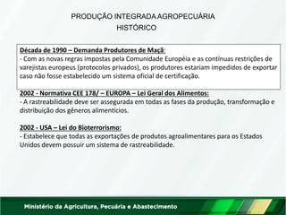Década de 1990 – Demanda Produtores de Maçã: - Com as novas regras impostas pela Comunidade Européia e as contínuas restrições de varejistas europeus (protocolos privados), os produtores estariam impedidos de exportar caso não fosse estabelecido um sistema oficial de certificação. 2002 - Normativa CEE 178/ – EUROPA – Lei Geral dos Alimentos: - A rastreabilidade deve ser assegurada em todas as fases da produção, transformação e distribuição dos gêneros alimentícios. 2002 - USA – Lei do Bioterrorismo: - Estabelece que todas as exportações de produtos agroalimentares para os Estados Unidos devem possuir um sistema de rastreabilidade. 
PRODUÇÃO INTEGRADA AGROPECUÁRIA 
HISTÓRICO  