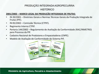HISTÓRICO 
2001/2002 – MARCO LEGAL DA PRODUÇÃO INTEGRADA DE FRUTAS: 
•IN 20/2001 – Diretrizes Gerais e Normas Técnicas Gerais da Produção Integrada de Frutas (PIF). 
•IN 05/2002 – Comissão Técnica (CTPIF). 
•Regimento Interno CTPIF. 
•Portaria 144/2002 – Regulamento de Avaliação da Conformidade (RAC/INMETRO) para Processo da PIF. 
•Cadastro Nacional de Produtores e Empacotadoras (CNPE). 
•Modelo de Avaliação de Conformidade do Sistema PIF. 
PRODUÇÃO INTEGRADA AGROPECUÁRIA  