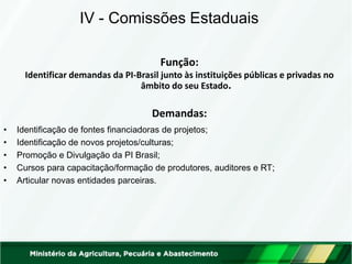 Função: 
Identificar demandas da PI-Brasil junto às instituições públicas e privadas no âmbito do seu Estado. 
Demandas: 
...