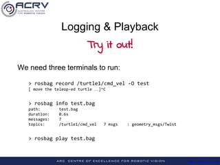 http://roboticvision.org/
Logging & Playback
Try it out!
We need three terminals to run:
> rosbag record /turtle1/cmd_vel -O test
[ move the teleop-ed turtle …]^C
> rosbag info test.bag
path: test.bag
duration: 0.6s
messages: 7
topics: /turtle1/cmd_vel 7 msgs : geometry_msgs/Twist
> rosbag play test.bag
 