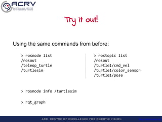 http://roboticvision.org/
Try it out!
Using the same commands from before:
> rosnode list > rostopic list
/rosout /rosout
/teleop_turtle /turtle1/cmd_vel
/turtlesim /turtle1/color_sensor
/turtle1/pose
> rosnode info /turtlesim
> rqt_graph
 