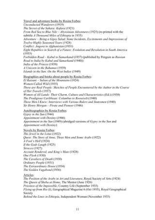 Travel and adventure books by Rosita Forbes:
Unconducted Wanderers (1919)
The Secret of the Sahara: Kufara (1921)
From Red Sea to Blue Nile Abyssinian Adventures (1925) (re-printed with the
subtitle A Thousand Miles of Ethiopia in 1935)
Adventure Being a Gipsy Salad, Some Incidents, Excitements and Impressions of
Twelve Highly Seasoned Years (1928)
Conflict: Angora to Afghanistan (1931)
Eight Republics in Search of a Future: Evolution and Revolution in South America
(1933)
Forbidden Road Kabul to Samarkand (1937) (published by Penguin as Russian
Road to India by Kabul and Samarkand (1940))
India of the Princes (1939)
A Unicorn in the Bahamas (1939)
Islands in the Sun: On the West Indies (1949)
Biographies and books about people by Rosita Forbes:
El Raisuni Sultan of the Mountains (1924)
Women Called Wild (1935)
These are Real People: Sketches of People Encountered by the Author in the Course
of Her Travels (1937)
Women of All Lands: Their Charm, Culture and Characteristics (Ed.) (1938)
The Prodigious Caribbean: Columbus to Roosevelt (1940)
These Men I Knew: Interviews with Various Rulers and Statesmen (1940)
Sir Henry Morgan Pirate and Pioneer (1946)
Autobiographies by Rosita Forbes:
Gypsy in the Sun (1944)
Appointment with Destiny (1946)
Appointment in the Sun (1949) (abridged versions of Gypsy in the Sun and
Appointment with Destiny)
Novels by Rosita Forbes:
The Jewel in the Lotus (1922)
Quest: The Story of Anne, Three Men and Some Arabs (1922)
A Fool s Hell (1924)
If the Gods Laugh (1925)
Sirocco (1927)
Account Rendered, and King s Mate (1928)
One Flesh (1930)
The Cavaliers of Death (1930)
Ordinary People (1931)
The Extraordinary House (1934)
The Golden Vagabond (1936)
Articles:
The Position of the Arabs in Art and Literature, Royal Society of Arts (1924)
The Queen of Sheba at Home, The Mentor (June 1926)
Priestess of the Impossible, Country Life (September 1935)
Flying up from Rio (I), Geographical Magazine 6 (Oct 1935), Royal Geographical
Society
Behind the Lines in Ethiopia, Independent Woman (November 1935)



                                        11
 