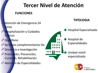 Tercer Nivel de Atención
FUNCIONES
 Atención de Emergencia 24
horas
 Hospitalización y Cuidados
Críticos
 Quirófano
 Servicios complementarios Dx.
 Docencia e Investigación
 Promoción, Prevención,
Curación, Rehabilitación
 Atención de Especialidades
TIPOLOGIA
Hospital Especializado
Hospital de
Especialidades
Unidad móvil
especializada
 